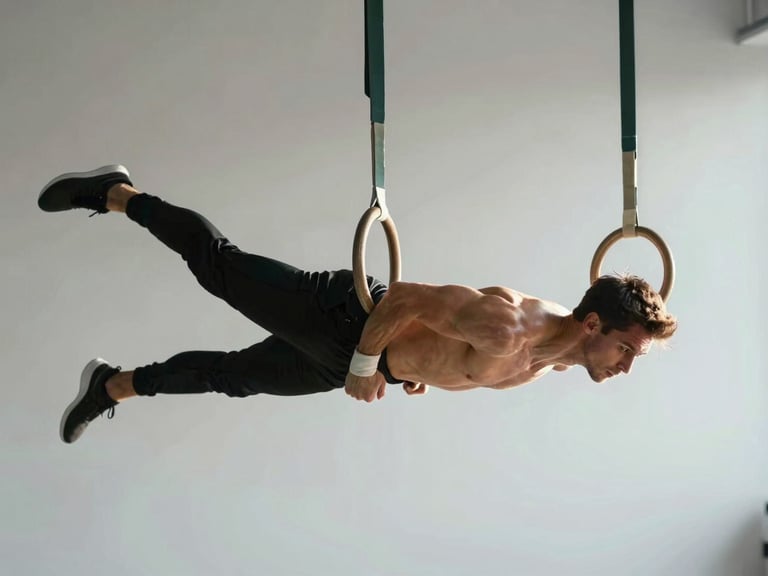 Dynamic side-lit shot of an athlete suspended on rings, high-contrast natural light highlighting muscle definition and joint alignment, clean minimalist studio background.