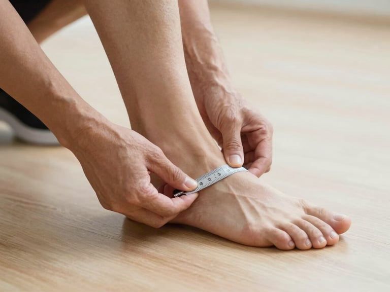 Close-up of a coach's hands precisely measuring a client's ankle dorsiflexion and joint alignment on a clean, light-colored wooden floor.