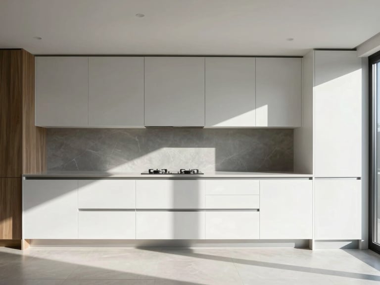 Modern kitchen remodel showing clean lines, high-contrast shadows, and natural light, architectural photography