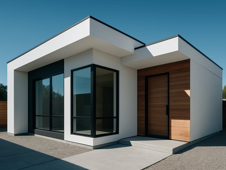 Completed modern ADU exterior, geometric lines, large windows, and high-contrast shadows under clear sky, architectural photography