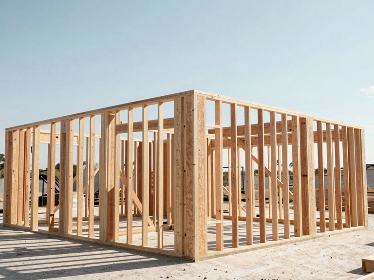 Mid-construction framing of a new room addition, showing clean joinery and precise structural elements under bright daylight, architectural photography