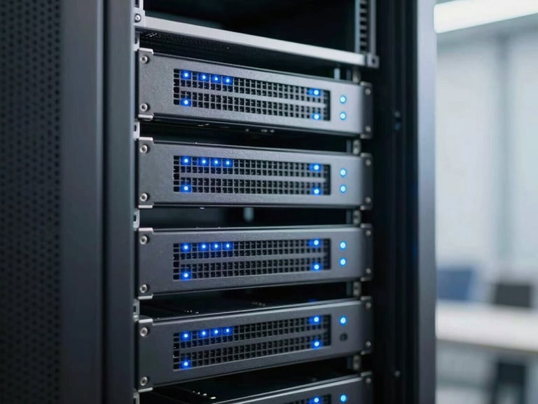 Clean modern server room rack with blinking blue LED lights, soft daylight, sharp focus on technical precision, no people