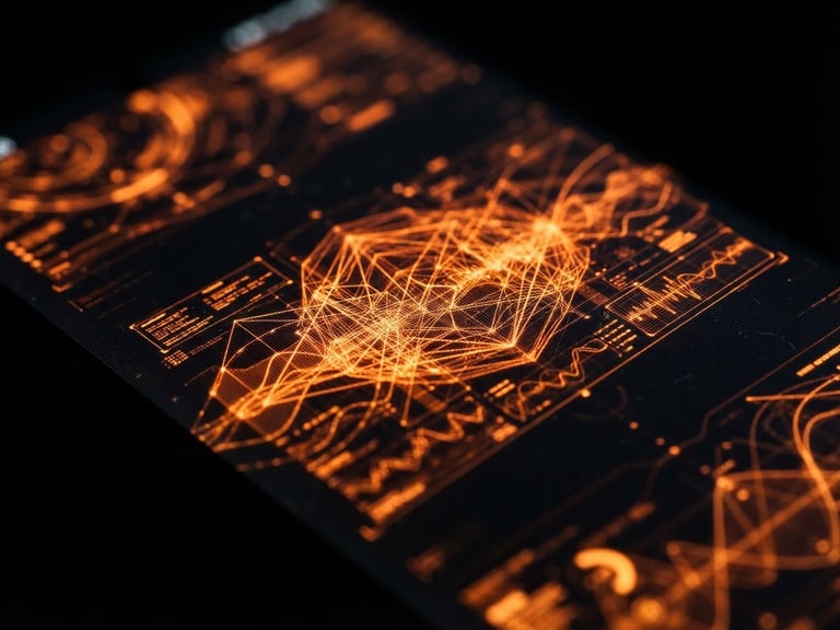 Extreme macro shot of a high-refresh-rate smartphone screen displaying complex real-time telemetry wireframes, dark cybernetic tones with sharp neon orange backlighting, shallow depth of field