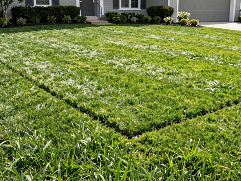 Freshly mowed lawn with immaculate edges in a high-end Columbus residential property, bright morning light, crisp focus.
