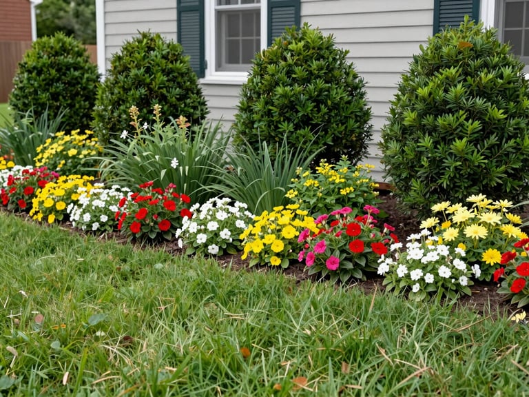 Lush, well-maintained garden bed with vibrant seasonal flowers and neatly pruned shrubs in a Columbus home, clean daylight.