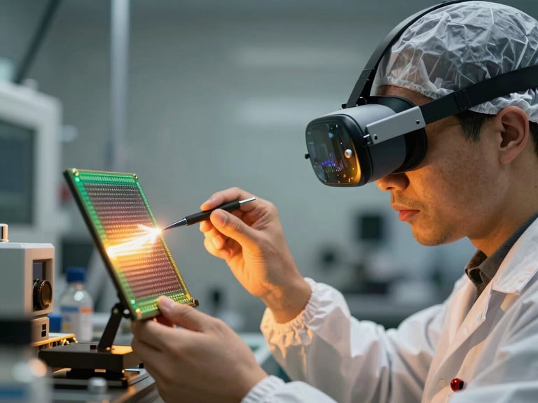 An engineer in a cleanroom suit wearing an industrial XR headset, inspecting a silicon wafer under dramatic amber light, extreme close-up focus