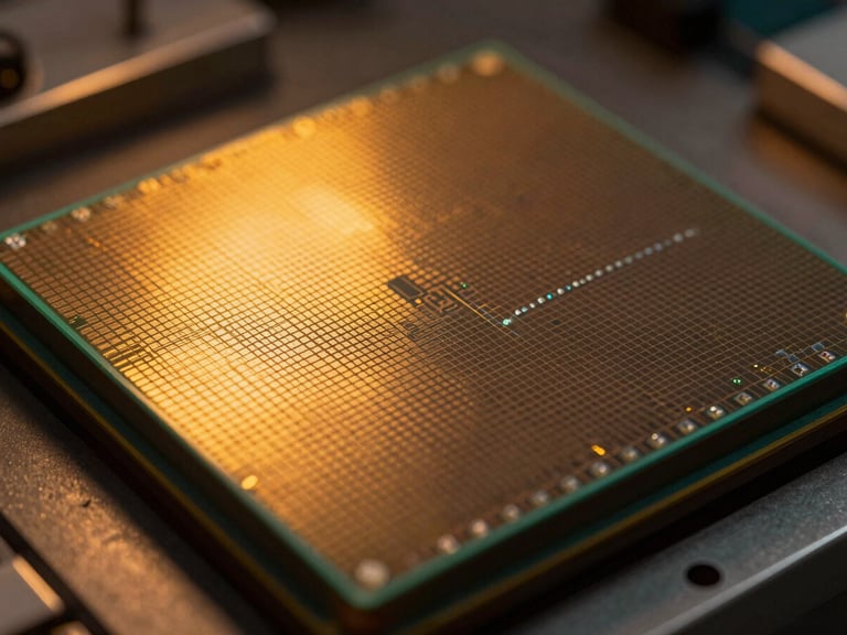 Macro photography of a silicon wafer wafer-scale integration pattern, laser-sharp focus, illuminated by cleanroom amber light