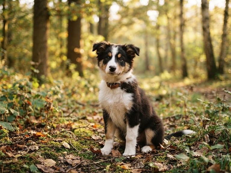 A young border collie puppy sitting calmly in a sunlit Dutch forest, soft golden hour light filtering through woodland trees, shallow depth of field, natural warm tones, 35mm photography