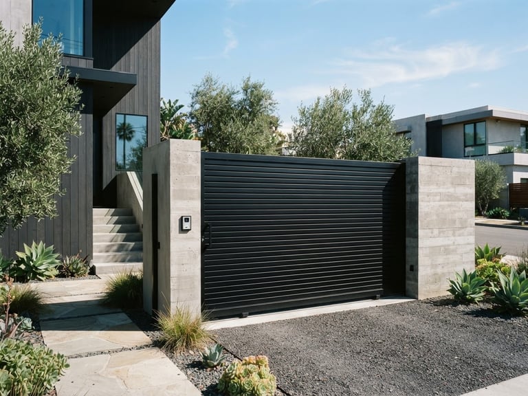 Architectural photography of a modern minimalist automatic black steel gate on a concrete residential facade, bright daylight, crisp metallic lines, 35mm lens