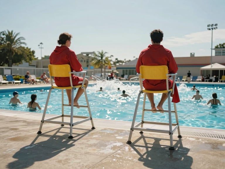 Wide shot of two lifeguards on elevated chairs overlooking a crowded wave pool, wearing red uniforms, scanning the water, bright midday sun casting hard shadows across the concrete deck, full park infrastructure visible in background