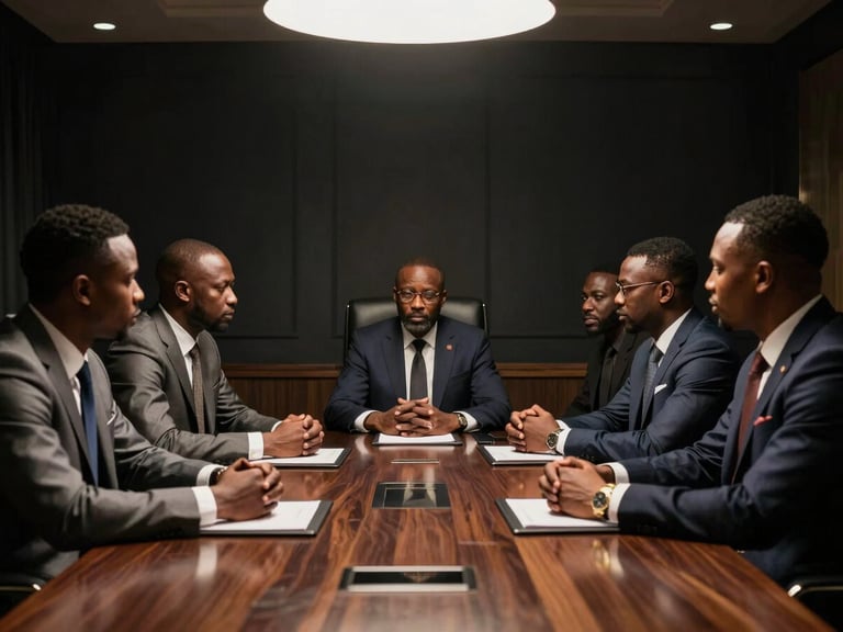 A group of sharp African diaspora men in tailored suits talking in a prestigious obsidian-toned boardroom, dramatic high-contrast studio lighting.