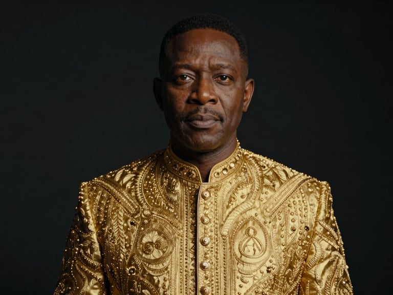 Cinematic medium close-up of a diaspora leader in bespoke gold-threaded tailoring, high-contrast studio lighting, deep obsidian background, medium format film.