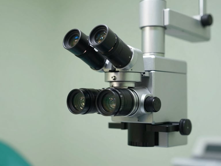 Extreme close-up of a high-end clinical dental microscope in a serene, softly lit treatment room, clean sage-green background, precise metallic arm.