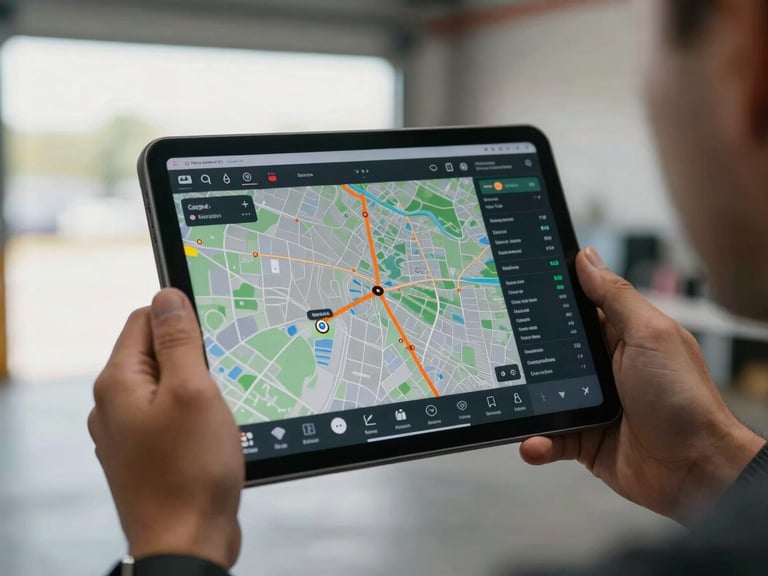 Close-up of hands holding a tablet displaying a live satellite tracking interface with a route map, GPS waypoints marked in orange, cargo status indicators, and driver data fields visible on screen — natural daylight from a warehouse window illuminating the device