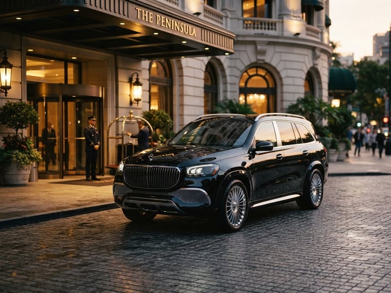 A pristine black executive SUV parked quietly in front of a luxury hotel entrance at dusk, soft golden hour reflections on the polished metallic surface, cinematic corporate photography, 35mm