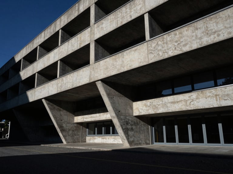 Extreme wide-angle stark editorial photography of a concrete brutalist university pavilion in Geneva, sharp geometric angles, deep shadows, low-key blue-grey light.