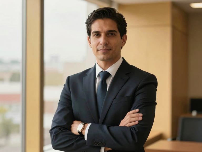 Confident professional lawyer in a tailored dark suit looking directly at the camera, warm editorial portrait, soft natural window light, modern Colombian corporate environment