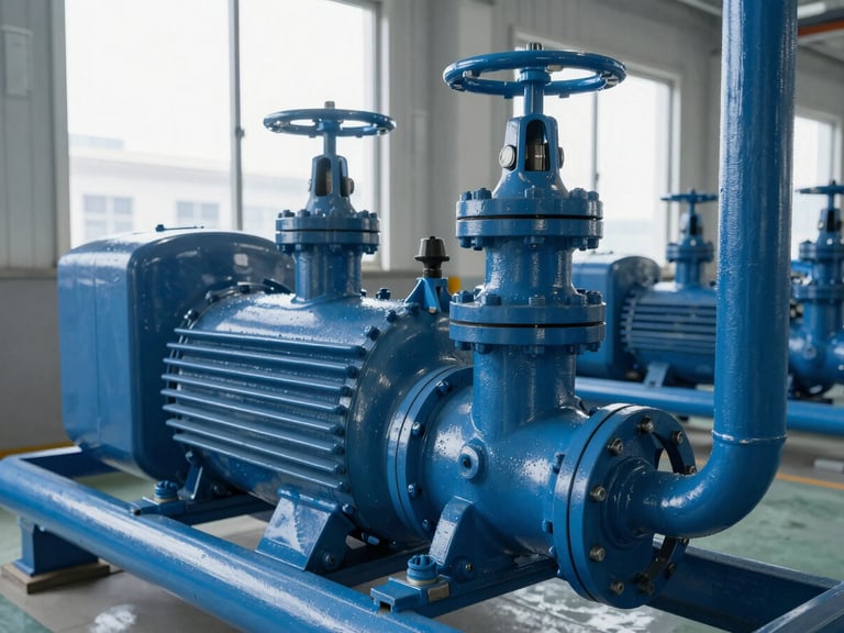Industrial air compressor installation with clean blue metal piping and heavy valves, crisp daylight filtering from factory window