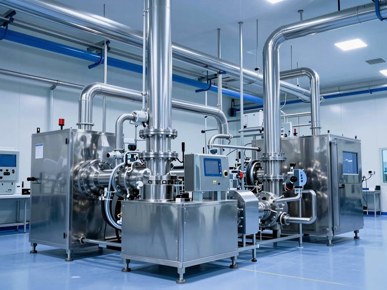 Wide shot of a clean pharmaceutical manufacturing facility with blue-lit stainless steel HVAC ducting and cleanroom piping, industrial lighting