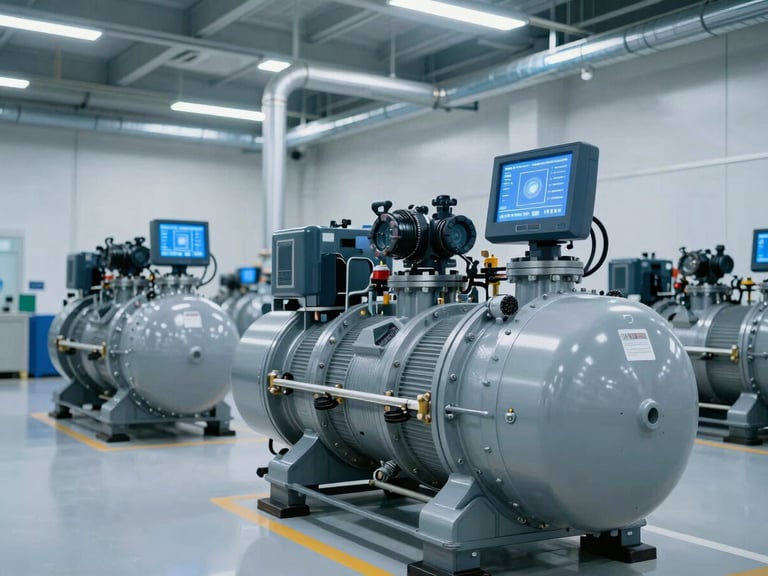 Wide environmental shot of a clean industrial compressor installation with technical piping and blue-toned digital screen glows, crisp focus, 35mm lens