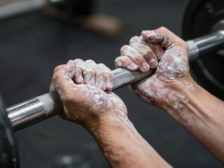 Macro close-up of hands coated in white chalk gripping a knurled steel barbell, dramatic chiaroscuro lighting, deep shadows, intense physical effort, high contrast.