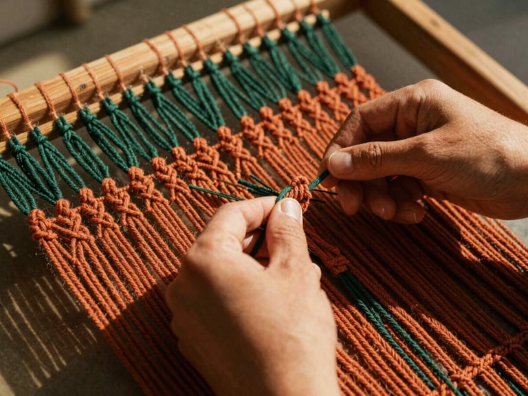 Close-up of hands weaving a complex macramé tapestry on a wooden frame, warm golden-hour sunlight casting long soft shadows, rich terracotta and deep green threads visible, 35mm photography.