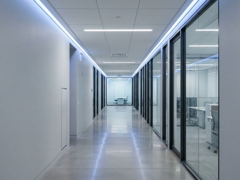 Sleek architectural photography of a modern commercial office corridor with sharp blue LED smart lighting accents, high-key studio lighting, technical minimalism, 35mm