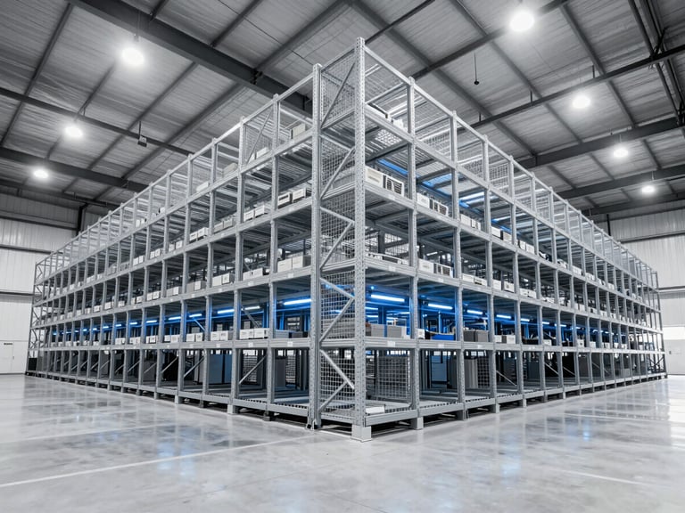 Wide-angle architectural perspective of a massive commercial warehouse interior, sleek steel shelves, automated logistics, cool high-key lighting