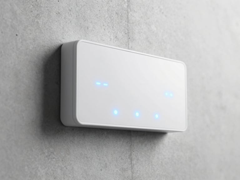Close-up macro photography of a sleek smart lighting control panel with glowing blue indicators, mounted on a concrete wall, technical minimalism, sharp focus