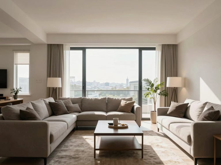 Bright, well-organized modern apartment living room, natural daylight streaming through large windows, straight-on architectural lines, no clutter