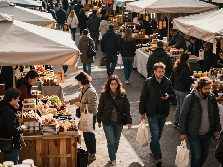 A high-angle shot of a vibrant, crowded specialty food market on a Saturday afternoon, people carrying canvas bags, warm natural light illuminating rustic wooden stalls.