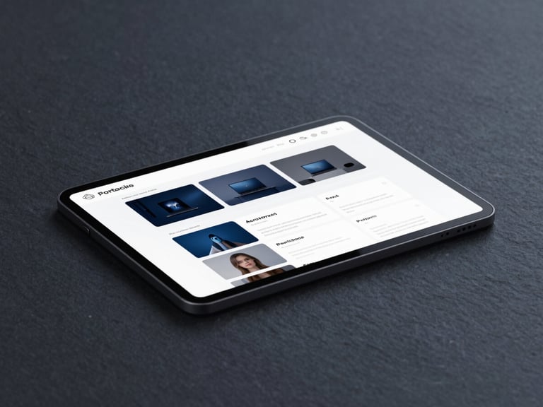 Minimalist tech photography, cool diffused studio lighting, dark slate and electric blue tones, macro depth of field showing a sleek dark-mode portfolio website layout.