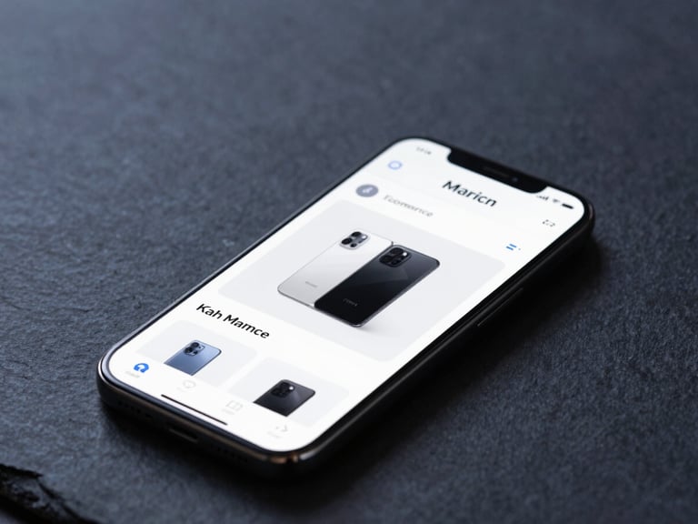 Minimalist tech photography, cool diffused studio lighting, dark slate and electric blue tones, macro depth of field showing an elegant e-commerce product page on a mobile screen.