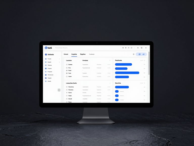 Minimalist tech photography, cool diffused studio lighting, dark slate and electric blue tones, macro depth of field showing a high-fidelity SaaS dashboard on a sleek monitor.