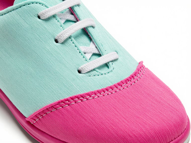 Macro photograph of colorful shoe stitching and vibrant retro fabric, high contrast studio lighting, quirky retro product photography