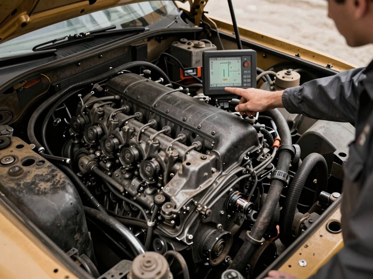 Heavy machinery engine bay, a mechanic pointing to a diagnostic screen showing low power output, industrial setting, high contrast, 35mm lens