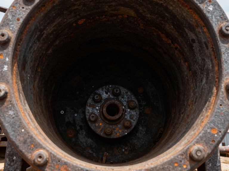 Corroded interior of a heavy-duty fuel tank, rust and pitting visible, industrial-grade close-up, high contrast