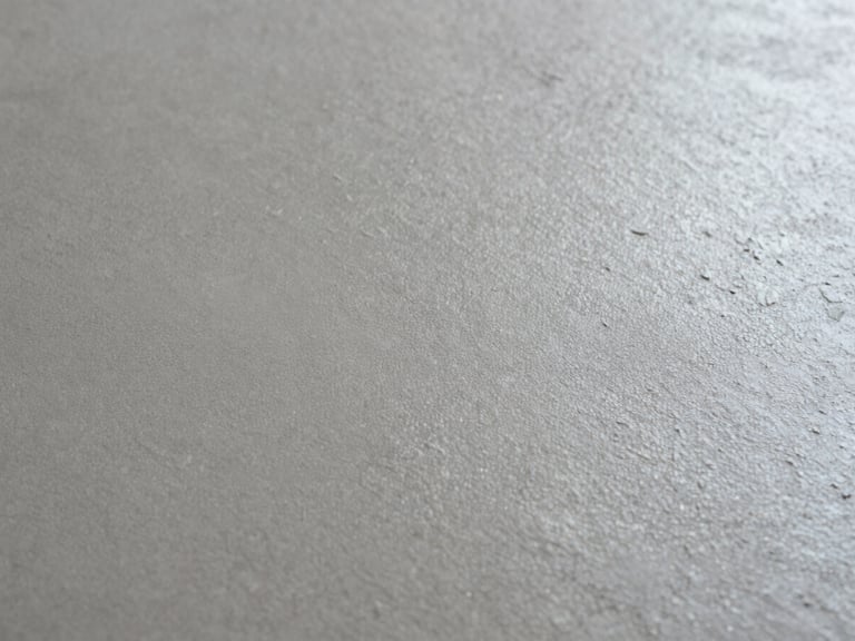 Vista macro de superficie de microcemento curado mate, textura de llana fina bajo luz rasante lateral extrema, tonos gris cemento y titanio, composición minimalista e industrial.