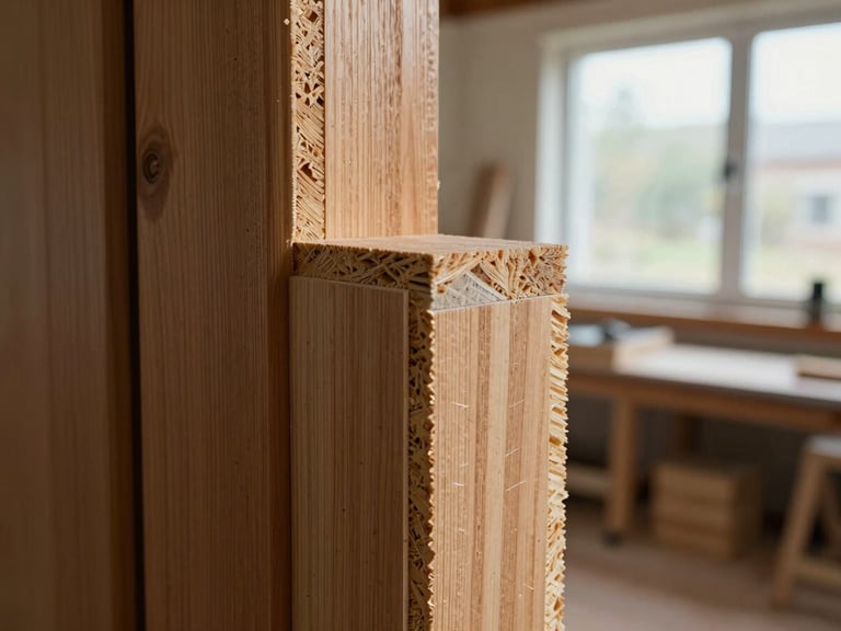 Close-up of a door edge cross-section showing layered engineered timber construction and solid hardwood lipping, natural daylight from a workshop window, grain and laminate layers clearly visible, no tools or staging
