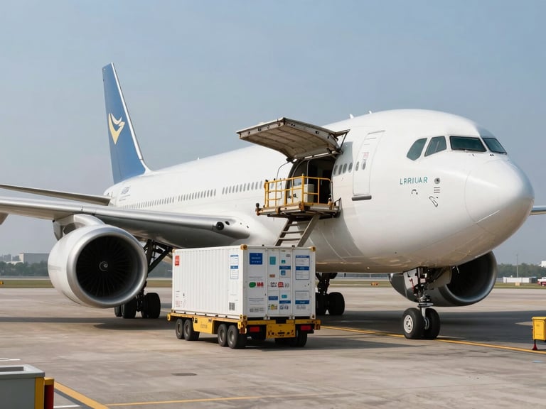 Wide environmental shot of a cargo airplane being loaded with freight containers on a sunny tarmac, high contrast, industrial precision