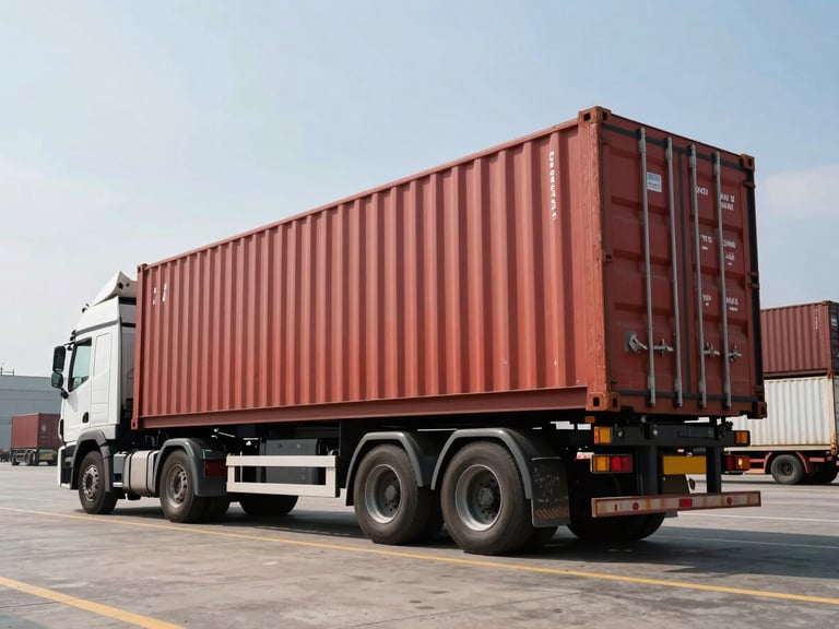 Low-angle heroic shot of multiple red shipping containers loaded on a white transport truck parked in a spacious European port terminal under bright daylight