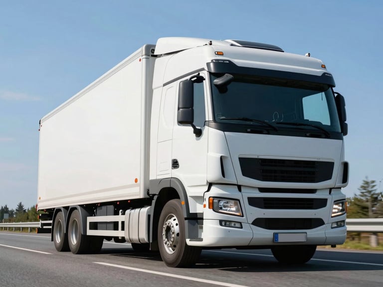Low-angle heroic shot of a white transport truck driving on a clear, open Swedish highway during bright daylight, high contrast, clean composition.