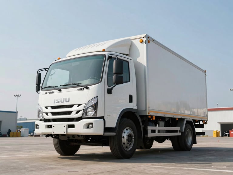 Low-angle shot of a white Isuzu truck parked in a spacious open port area under a clear bright sky.
