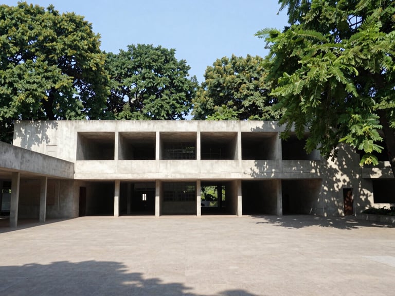 Wide-angle architectural photograph of Le Corbusier's concrete structures in Chandigarh under bright, high-contrast daylight. Sharp, defined shadows fall across the open plaza, with deep forest green foliage framing the concrete grid.