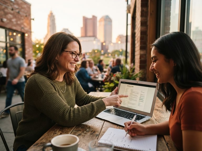 Close-up of an active career coaching session in Columbus, Ohio, a mentor guiding a participant on a laptop, warm natural light, shallow depth of field, 35mm lens.