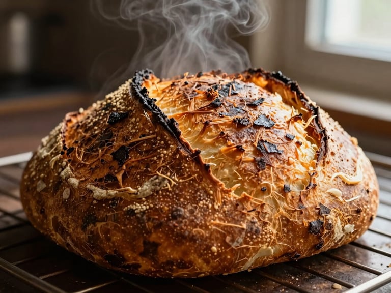 Macro shot of a deeply blistered, golden-brown sourdough crust fresh out of the deck oven, steam rising slightly, dark warm charcoal background, warm editorial photography