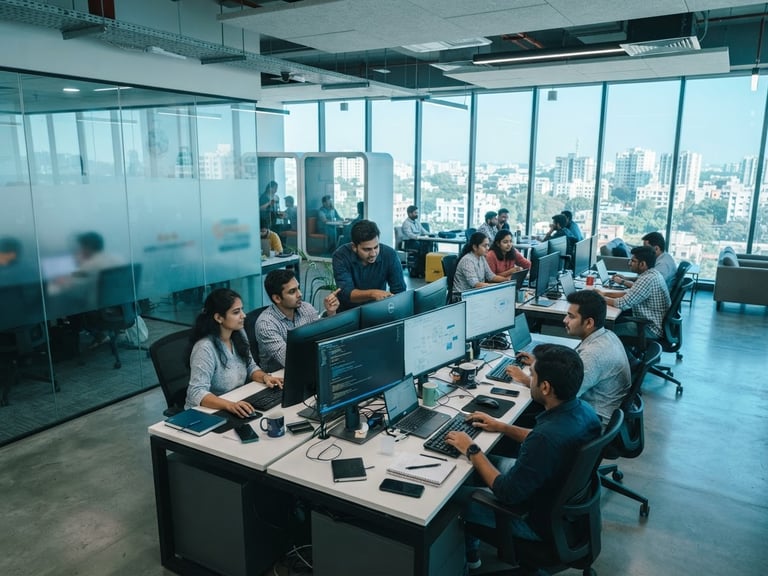 High-angle shot of a modern, brightly lit Bangalore tech office with glass walls, focused software engineers collaborating over screens, cool daylight with subtle teal undertones, sharp focus, 35mm