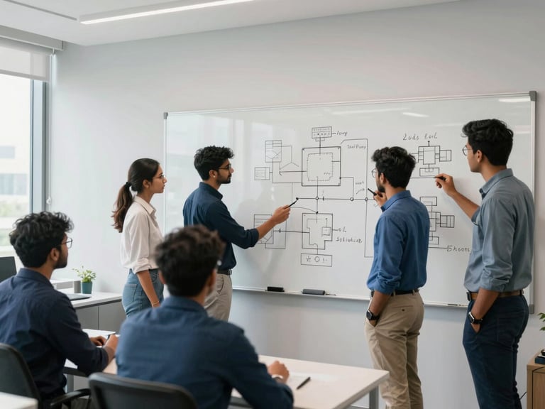 A wide angle shot of a modern Indian corporate classroom with developers collaborating over complex system architecture diagrams on a whiteboard, bright natural daylight.