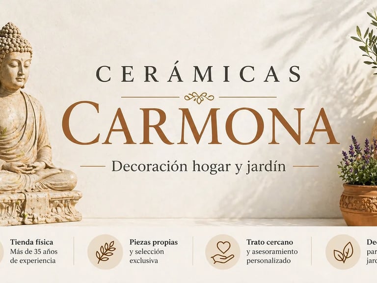 Cerámicas Carmona home and garden decoration shop with Buddha statue and ceramic pots.