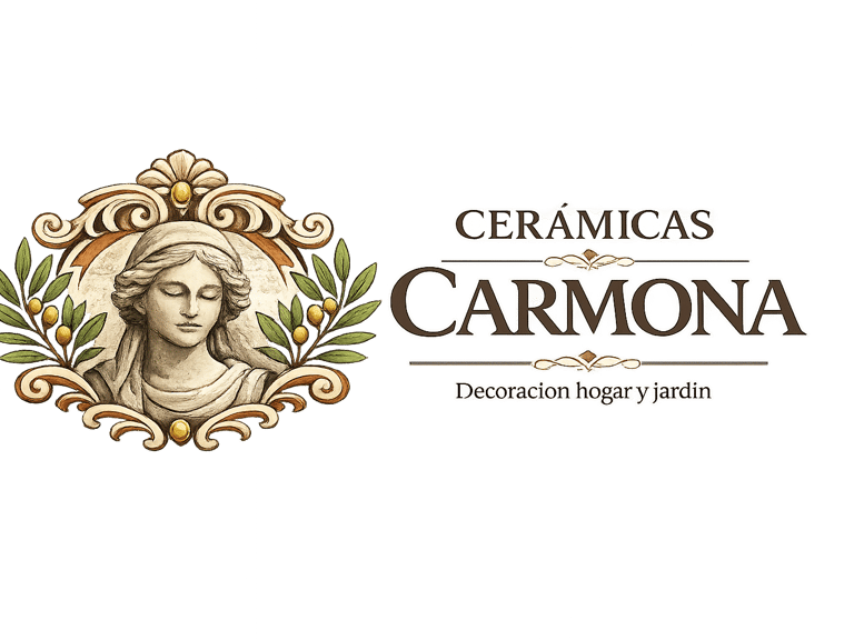 Ceramicas Carmona logo featuring a classical woman portrait with olive branches for home and garden decor.